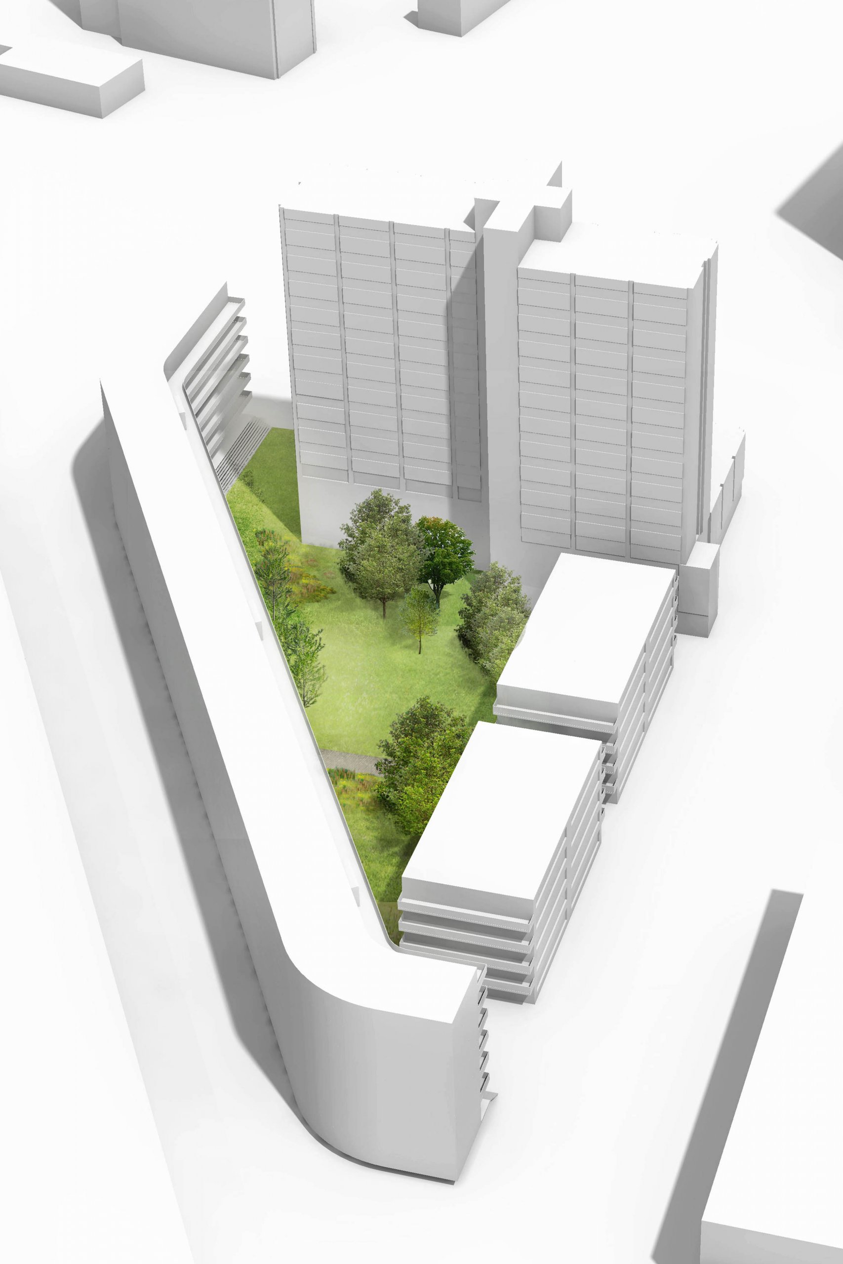 3D model van massastudie campus met groen binnenterrein