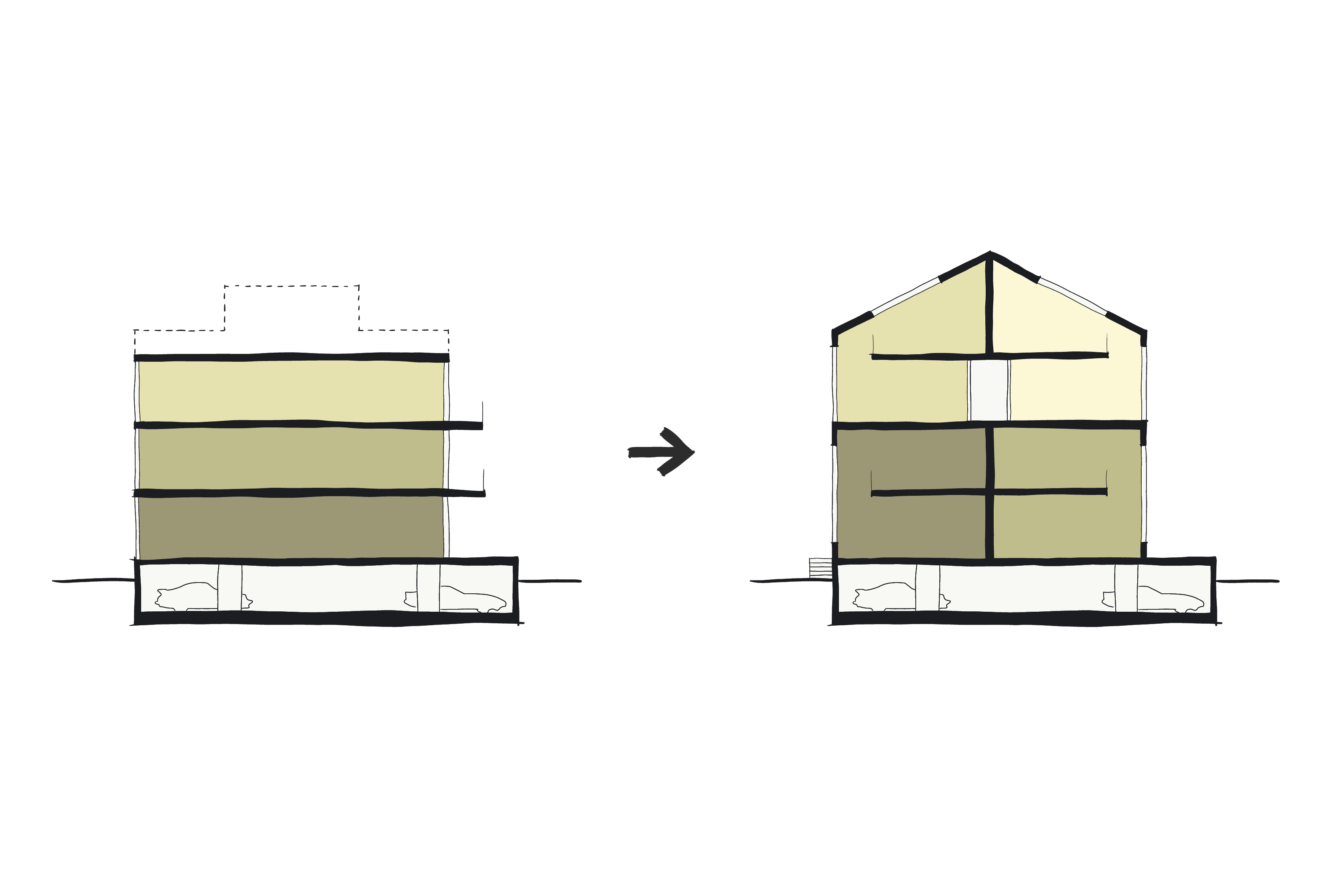 concept schets van het indelingsprincipe van de starter lofts