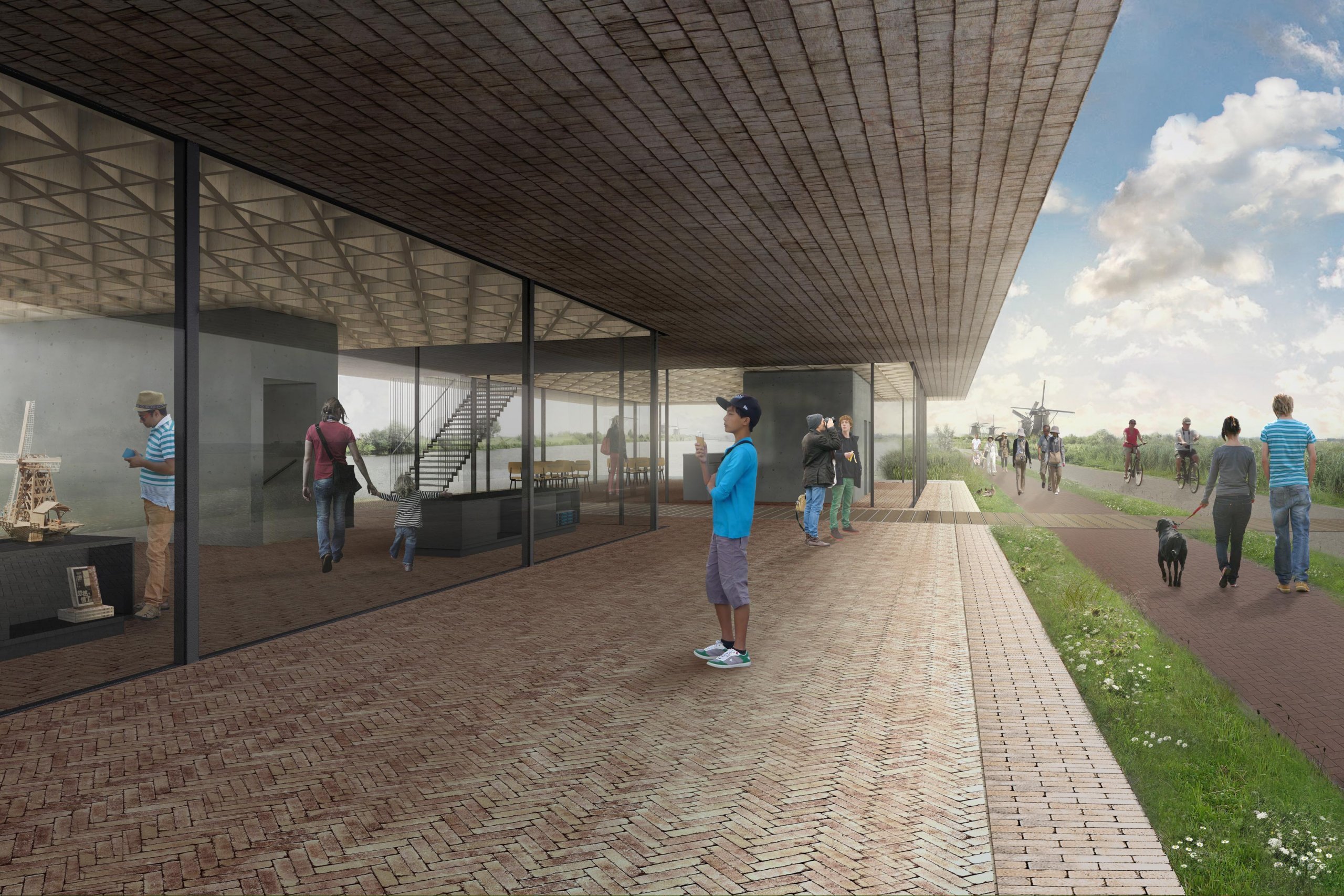 Exterieur van uitgesproken introvert paviljoen van het nieuwe bezoekerscentrum van het werelderfgoed Kinderdijk.